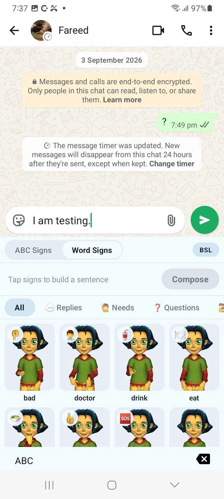 Word Signs view with a 3D signing avatar demonstrating signs such as doctor, drink, and eat