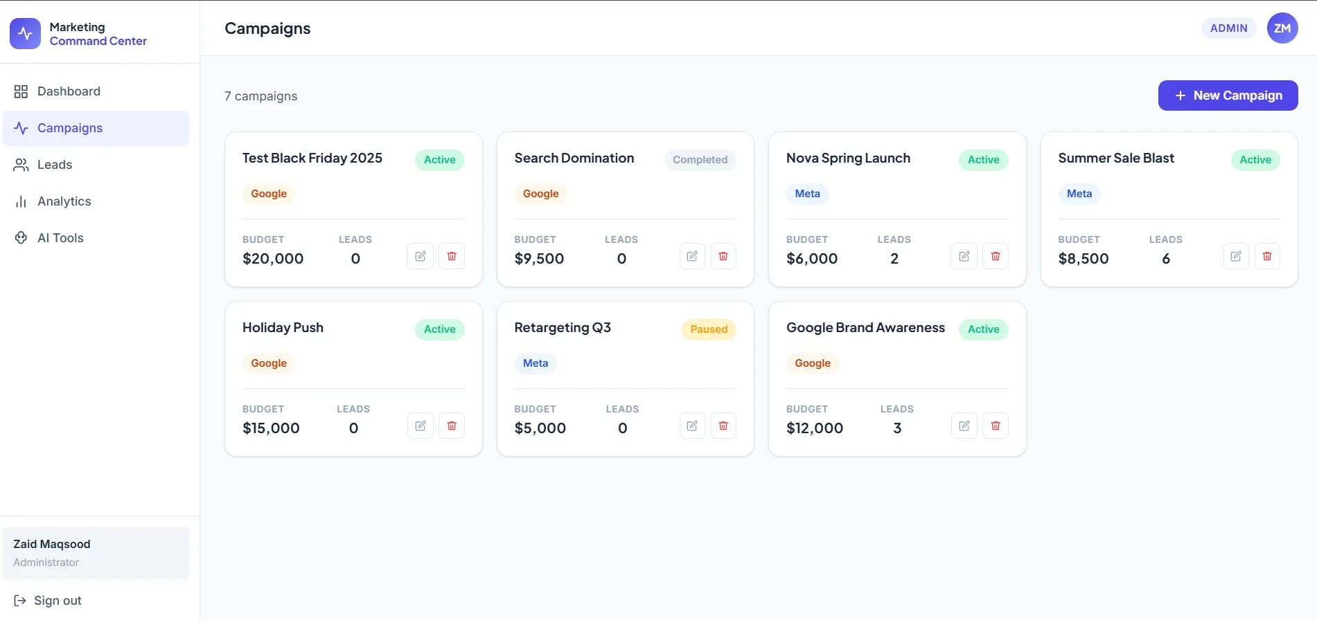 Url Ink campaign manager listing campaigns with channel, status, budget, and lead counts
